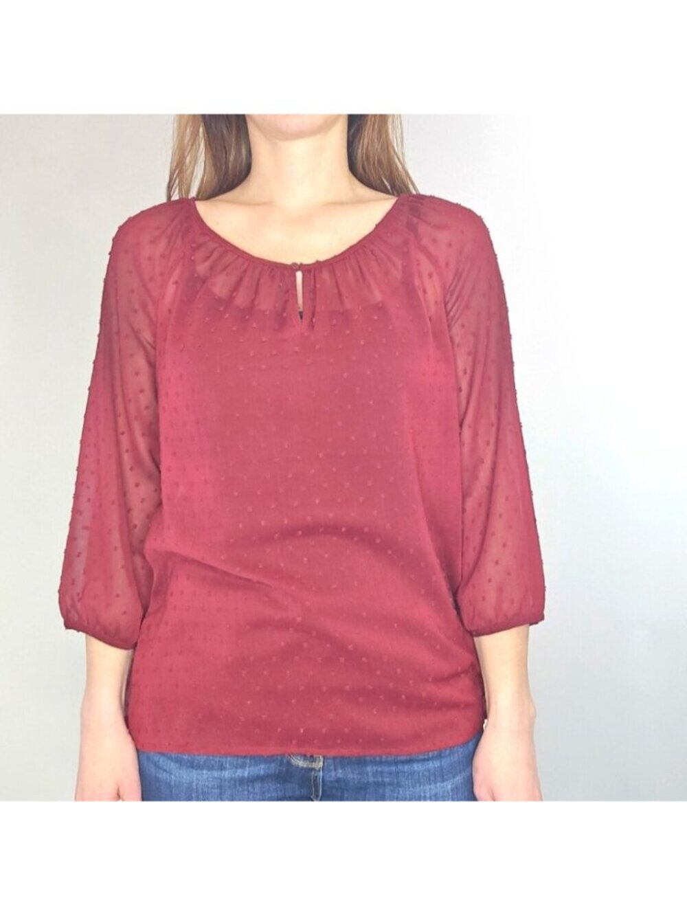 Old Navy 3/4 Sleeve Swiss Dot Lightweight Sheer Burgundy Blouse Size Medium